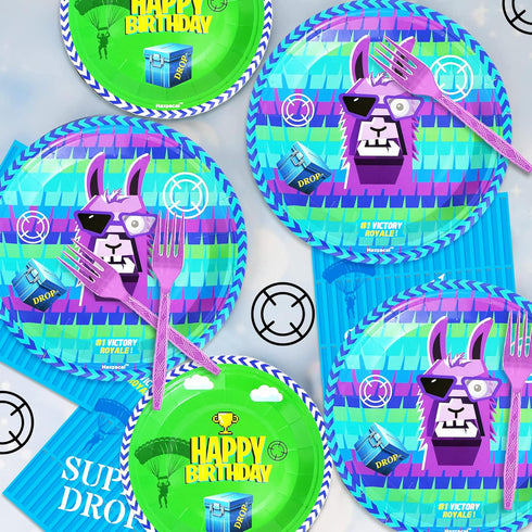 64Pcs Video Games Llama Party Tableware Supplies, 32 Plates, 16 Forks, 16 Napkins, Birthday Decorations