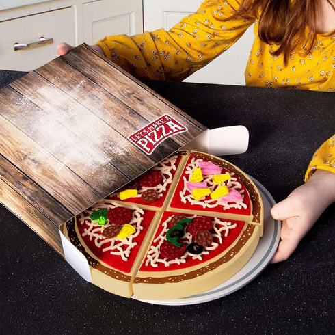 Playset 4 140 3-in-1 Let's Make a Pizza - Pretend Food with Wooden Pie Slices, Felt Toppings, Wood Roller