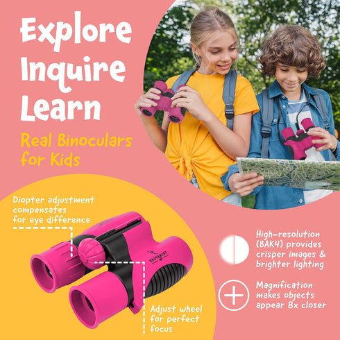 THINKPEAK 8x21 Binoculars for Kids 8-12, Birthday Gifts for Boys and Girls, Pink Color