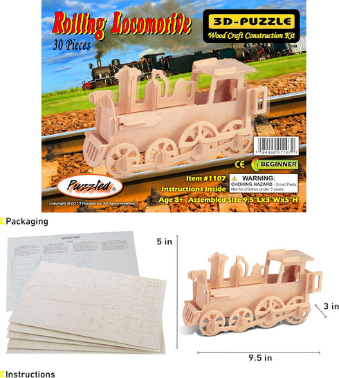 Puzzled 3D Puzzle Rolling Locomotive Train Wood Craft Model Kit, Fun & Educational DIY Wooden Toy, 30 Pieces Pack