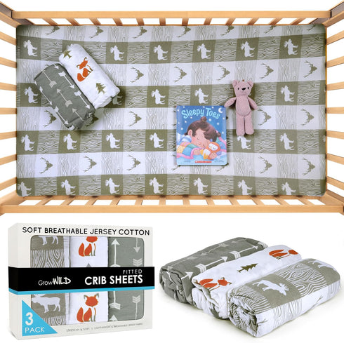 GROW WILD Forest Crib Sheets 3 Pack - Soft Neutral Grey Crib Sheets for Boys and Girls, Stretchy Fit