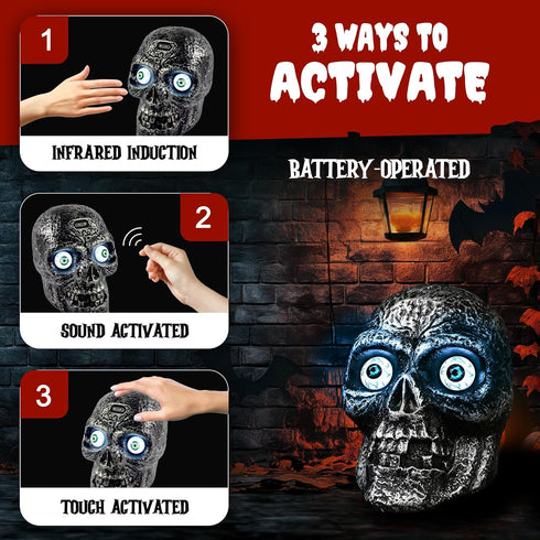 Sound Activated Skull with Light Up Eyes and Creepy Sounds, Halloween Party Prop Decoration