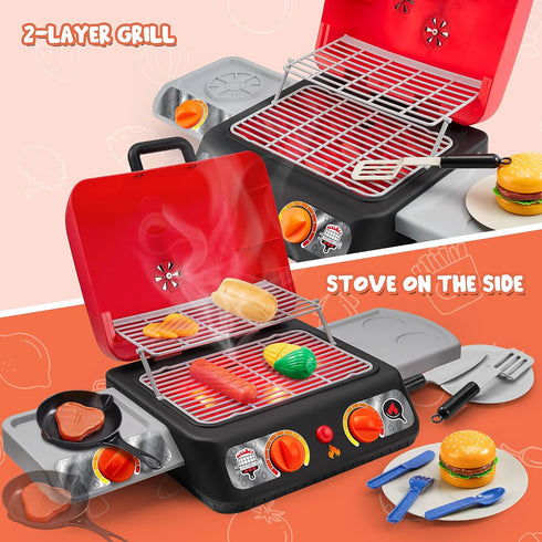 Kids BBQ Grill Playset, Kitchen Toy Set with Pretend Smoke, Light, Sound & Color-Changing Food for Boys & Girls