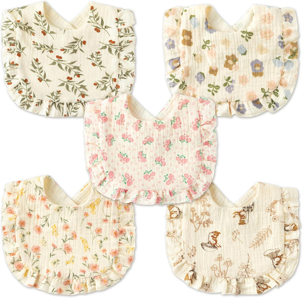 Zainpe 5Pcs Snap Muslin Cotton Baby Drooling Bibs with Flounce Lace Absorbent