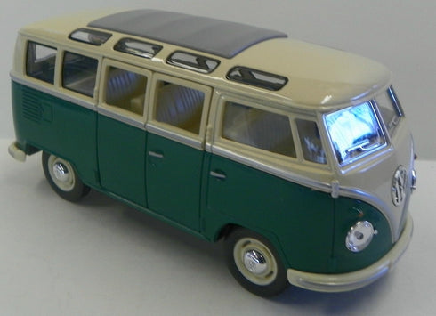 KINGSMART 1962 Volkswagen Classic Hippy Bus, 7" 1:24 Scale Green Die Cast Metal Model Toy