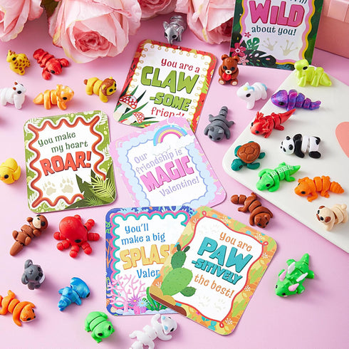 28 3D JOYIN Pcs Printed Mini Animals with Valentine Greeting Cards, Animals Articulated Flexible Fidget Toys for Kids