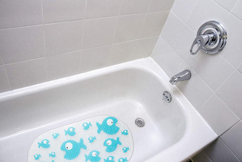 Large Non-Slip Baby Bath Mat, Strong Suction Cups, Baby Bath Tub Time Essentials, Blue Fish Design