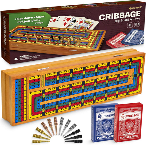 Set 4 24 Cribbage Board Game with Storage Wooden Track Cribbage Board for Players with Metal Pegs & Playing Cards
