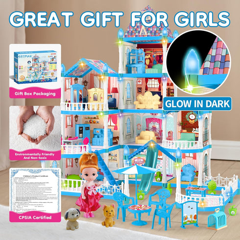 Seifar Girls,10 3 4 5 6 7 8 9 10 Doll House for Rooms Blue House Toy with Doll Figures, Puppies, Lights, Furnitures