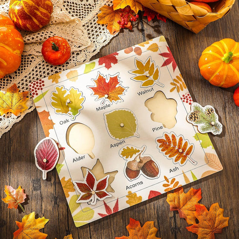 Leaf Wooden Jigsaw Puzzles with Knobs, Educational Learning Stem Toys, Thanksgiving Montessori Puzzle for Preschool