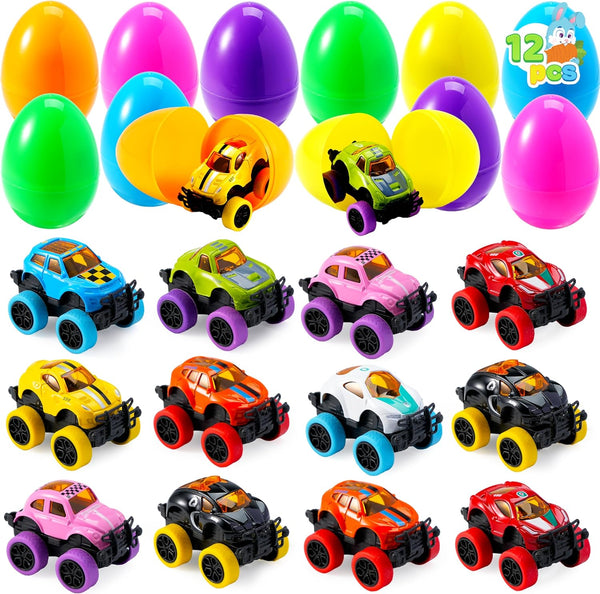 JOYIN 12 Pcs Pullback Monster Cars Filled Easter Eggs for Basket Stuffers/Fillers,