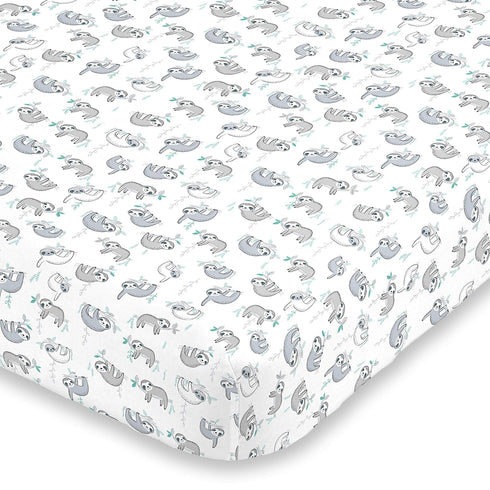 NoJo Super Soft Grey, White & Aqua Sloth Fitted Crib Sheet, Grey,