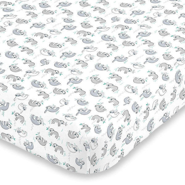NoJo Super Soft Grey, White & Aqua Sloth Fitted Crib Sheet, Grey,