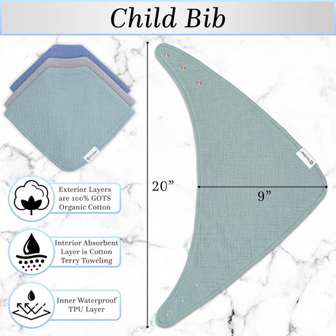 3 Bandana Bibs with Waterproof Lining Organic Cotton Drool Bibs for Adults and Children, Adjustable Snaps