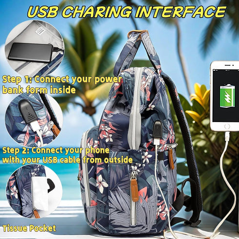 Backpack BackpackFor Floral Diaper Bag with USB Charging Port Stroller Straps and Insulated Pocket,Travel Nappy