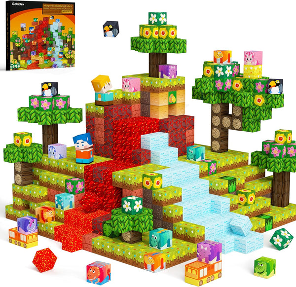 GobiDex 100PCS Magnetic Building Blocks Volcano Dinosaur Set for Toddler, Sensory STEM
