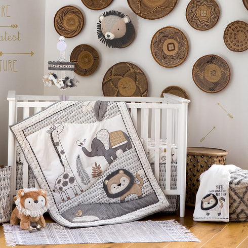Levtex Baby - Tanzania Crib Fitted Sheet - Fits Standard Crib and Toddler Mattress - Tossed Elephant, Giraffe and Lion - Charcoal Cream Tan - Nursery Accessories - 100% Cotton by Levtex Baby