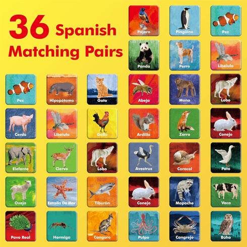 Hebayy 36 Pairs Animal Matching Game - 72PCS Spanish Flashcards, Educational Learning Toys for Preschool 4-6 Years