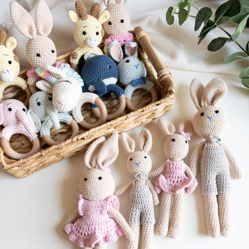 Crochet Stuffed Animal - Adorable Handmade Bunny Daughter Plushie Doll with Pink Dress, Ideal for Infants - Knitted