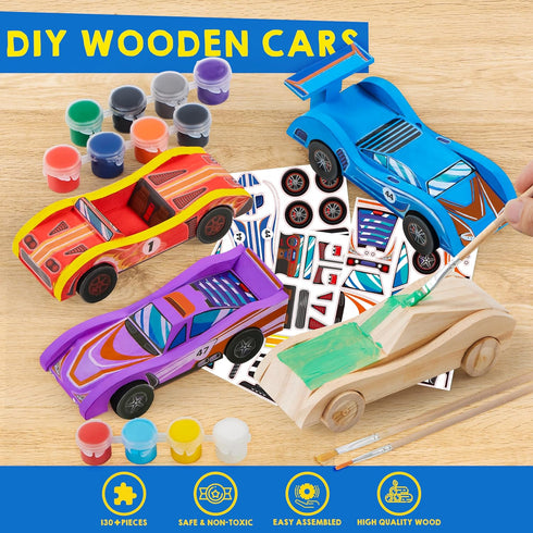 Klever Kits 4 DIY Wooden Race Cars, Build & Paint Your Own Craft Kit, Easy to Assemble Birthday Presents for Kids