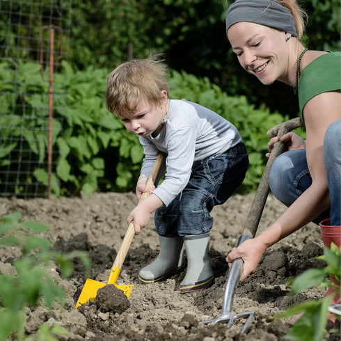 Set 4-Piece HEY! PLAY! Kids Gardening Mini Garden Tools with Wood Handles Child-Sized Shovel, Rake, Hoe, and Tined Hoe
