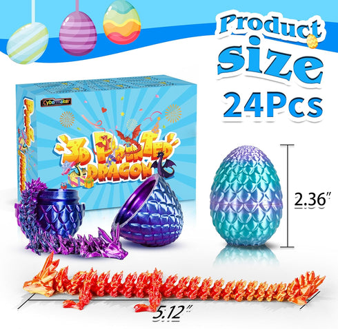 24PCS 3D Set, Printed Dragon Eggs, Articulated Fantasy Animal Fidget Toys Collectible Figurines for Kids Birthday