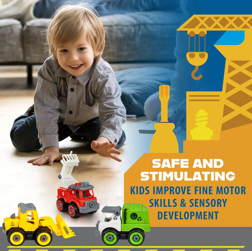 Flybar Power Gearz Take Apart Toy Truck Set, 3 Pack for Boys and Girls - Fire, Construction, Garbage Truck