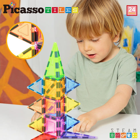 Set 3+ PB24 PicassoTiles Magnet Tile Building Block Magnetic Construction Square Triangle Tiles Toy Kit Sparking