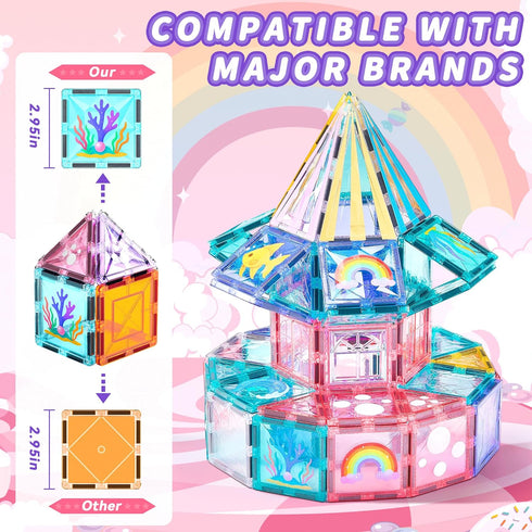 Set 4 3-5 4-8, Magnetic Tiles Unicorn Building Toys with Dolls, Princess Magnetic Blocks for Kids Ages STEM Educational