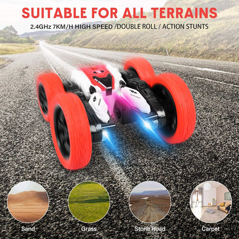 Remote Control Car, Double Sided RC Car, 4WD Off-Road Stunt Car with 360 Flips for Kids 3+ (Red)