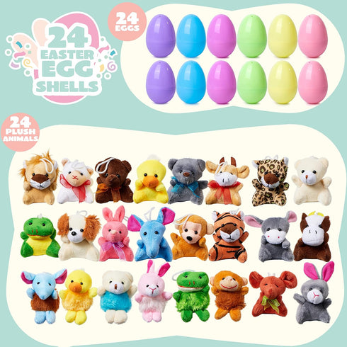 24 Pack JOYIN Prefilled Easter Eggs of Mini Stuffed Animal Plush Toys Baster Stuffer Filler for Kids Easter Egg Hunt