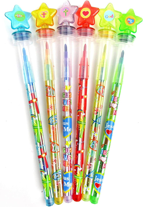 24 2 1 TINYMILLS Pcs Religious Christian in Stackable Stacking Crayon with Extra Stamper Topper, Sunday School