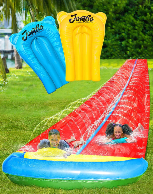 JAMBO 24Ft XL Slip Splash and Slide - Heavy Duty Lawn Water Slide with Inflatable Crash Pad and 2 Bodyboards