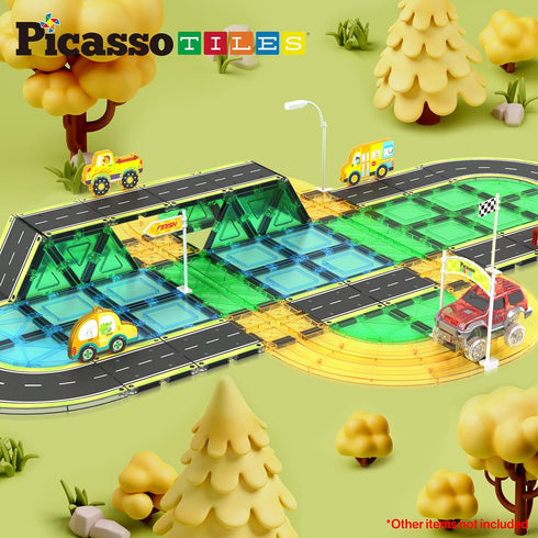 PicassoTiles Magnet Tile Car Track Adventure Theme, Printed Street Road Runway Magnetic Building Tiles Block Set for