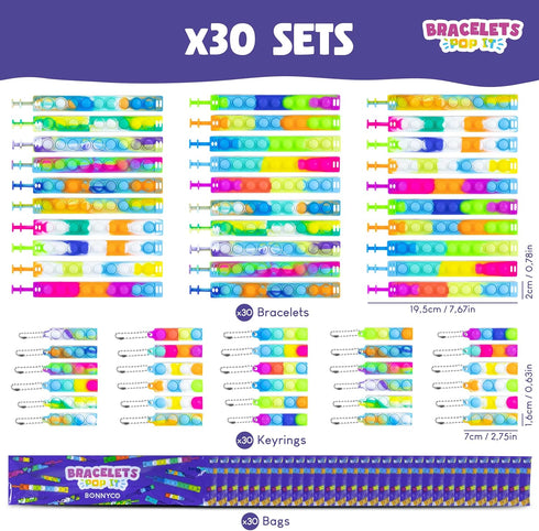Pack 30 BONNYCO Pop It Bracelets and Keychains Kids Party Favors. Goodie Bags Stuffers for Kids, Fidget Toys Pop Its
