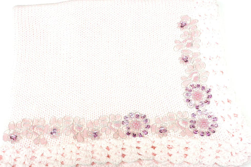 Sanjit Knitted Hand Crochet Finished Pink Cotton Blanket Trimmed with Fancy Ribbon