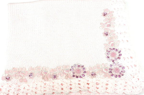 Sanjit Knitted Hand Crochet Finished Pink Cotton Blanket Trimmed with Fancy Ribbon