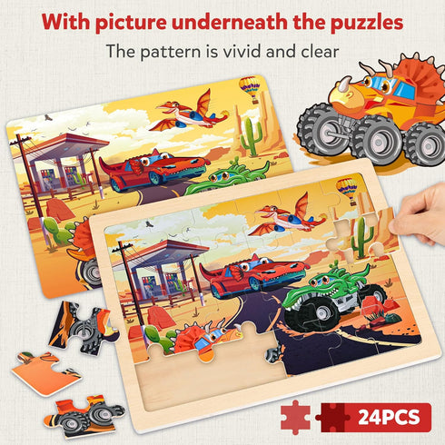 Box(12.2*9.4 24 3-5, 4-6, SYNARRY Large Wooden Monster Truck Puzzles for Kids Gift in), Piece Puzzles for Toddlers Wood