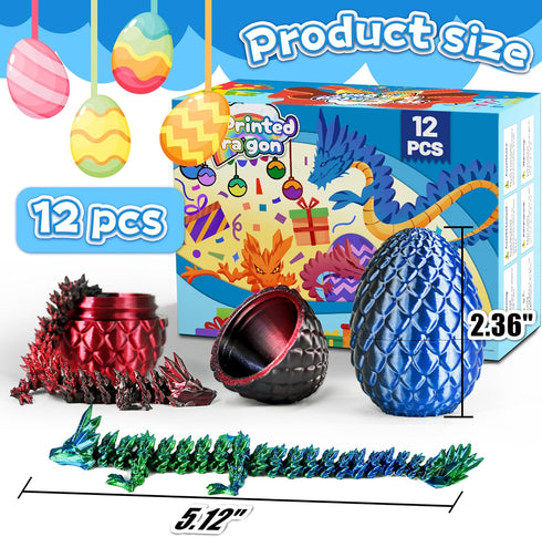 12PCS 3D Set, Printed Dragon Eggs, Articulated Fantasy Animal Fidget Toys Collectible Figurines for Kids Birthday