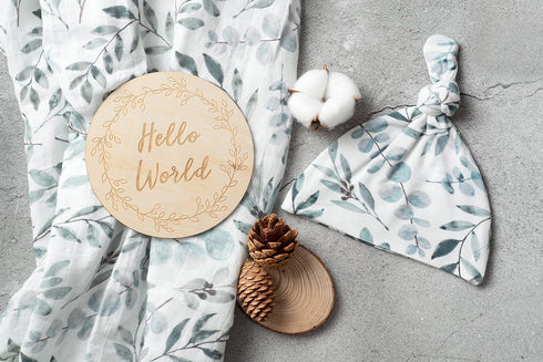 Miaoberry Organic Muslin Swaddle Blankets - Matching Hat and Wooden Hello World Newborn Sign, Eucalyptus Photography