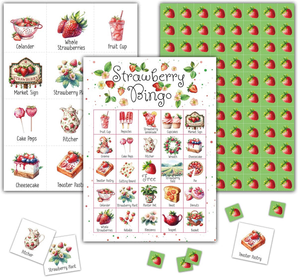 Strawberry Bingo Games - Summer Berry Bingo Card Set for 24 Players, Indoor Outdoor Activities, Birthday Favors