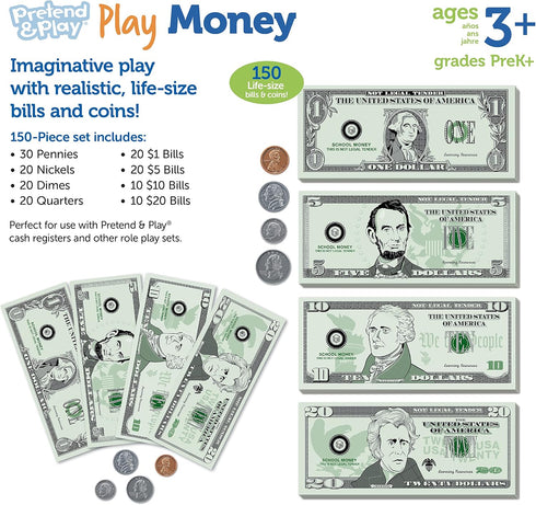 Set Learning Resources Pretend Play Money - Math Manipulatives For Kids, Kids Bank, Plastic Coins, Cash Register