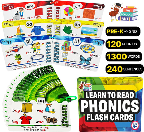 Phonics Flash Cards, Learn to Read in 20 Phonic Stages, Educational Games for Kids Ages 4-8, Kindergarten