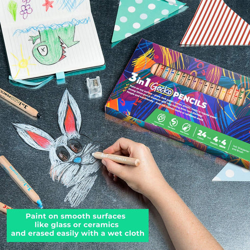 3 1 24 Set 3 In Colouring Pencils - Colours inc. Brush and Sharpener - Non-Toxic and Vegan for Ages And Up