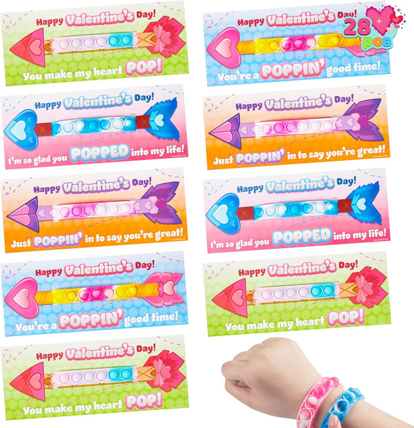 JOYIN 28 Packs Valentine's Day Gift Cards with Pop Fidget Bracelet, Pop