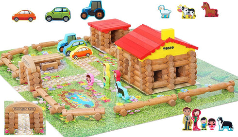 Wooden Logs Toys Farm Playset, 207 Pieces Wooden Construction Set for Animal Farm for Ages 3-6