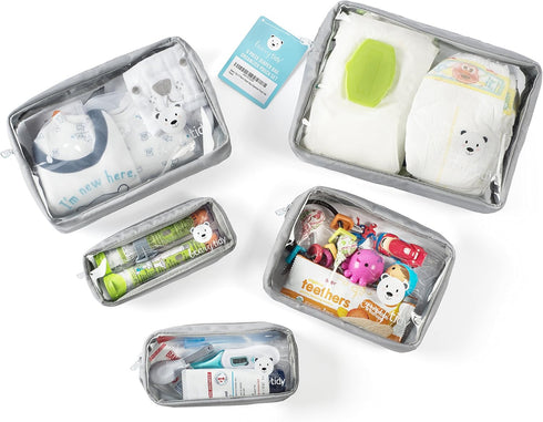 Beary Tidy 5 Set, Piece Diaper Bag Organizer Pouch Clear with Zippers and Nestable