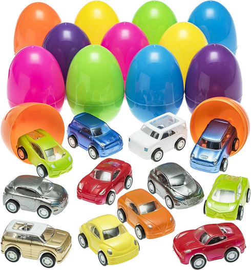 PREXTEX 12-Pack Stuffed Easter Eggs with Mini Pull-Back Toy Car - Easter Basket Stuffers for Kids