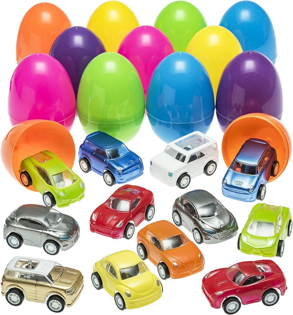 PREXTEX 12-Pack Stuffed Easter Eggs with Mini Pull-Back Toy Car - Easter Basket Stuffers for Kids