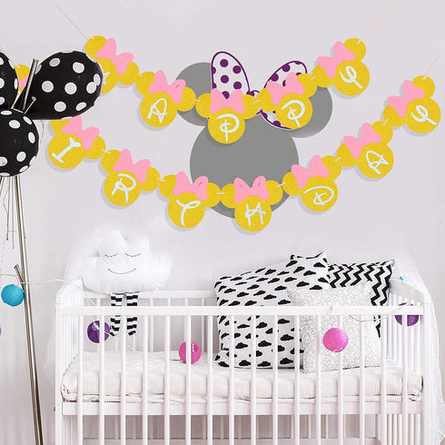 Pink and Gold Glitter Happy Birthday Banner, Minnie Themed Party Supplies Decoration for Girls